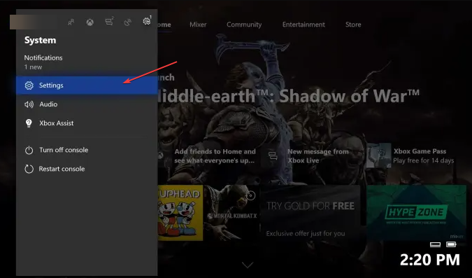 Скриншот меню «Настройки» на Xbox