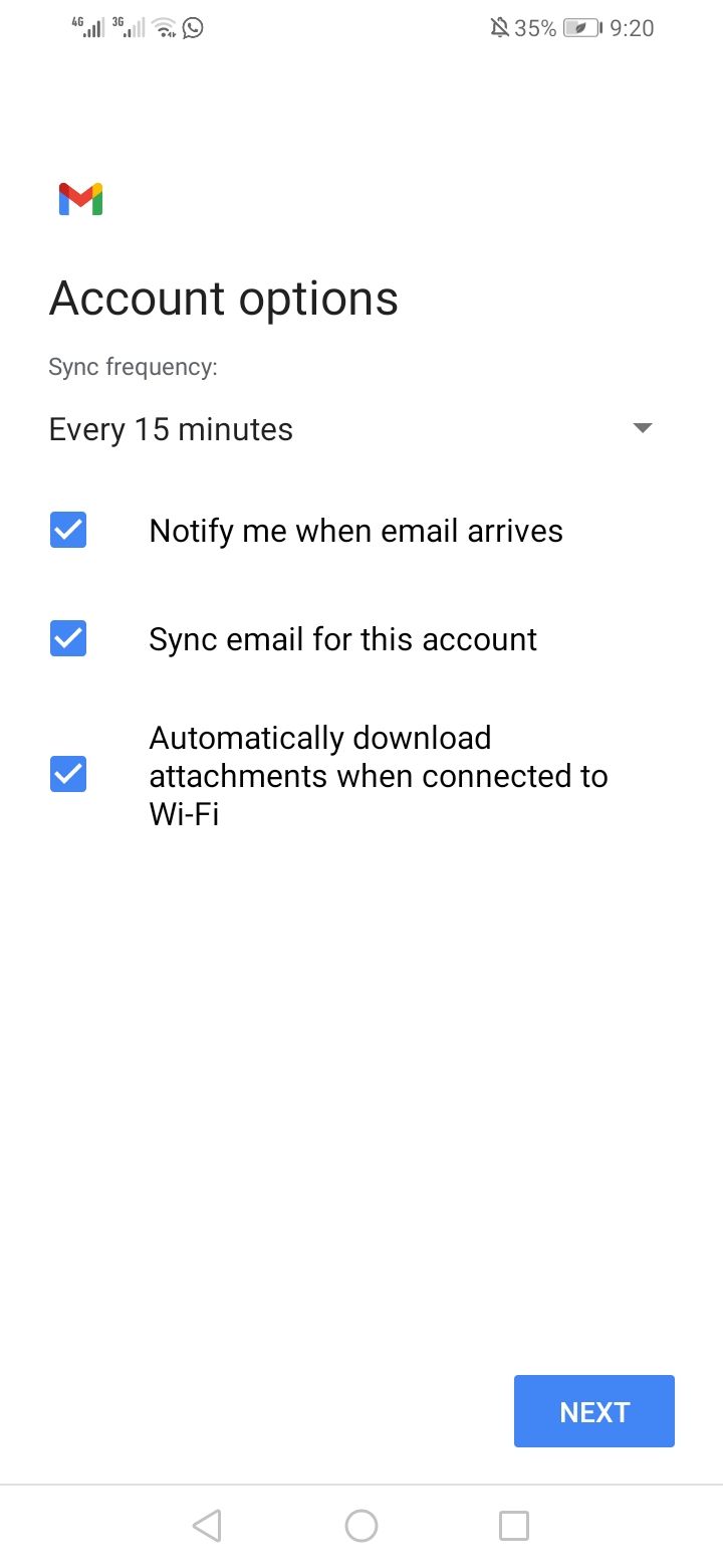 Параметры учётной записи: выбор частоты синхронизации