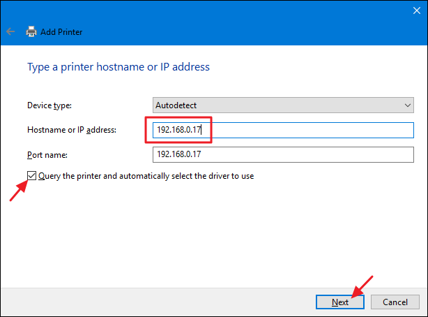 Ввод IP-адреса принтера
