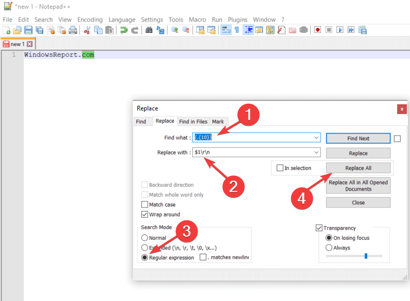 Выбор регулярного выражения в диалоге Замены