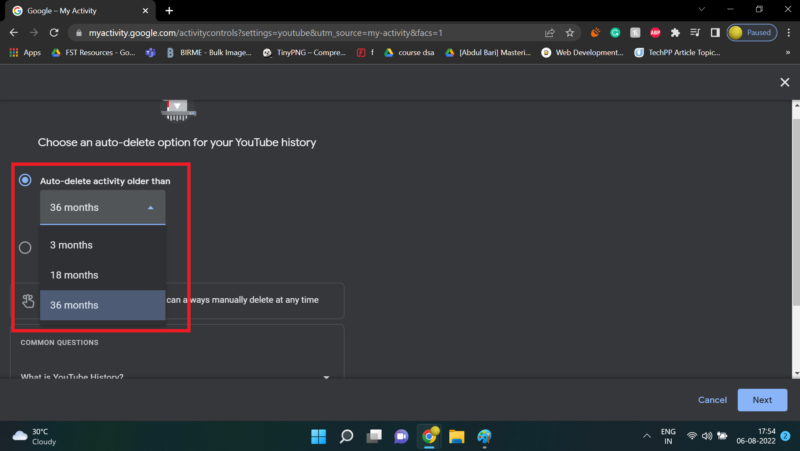 Menu para selecionar o período de exclusão automática