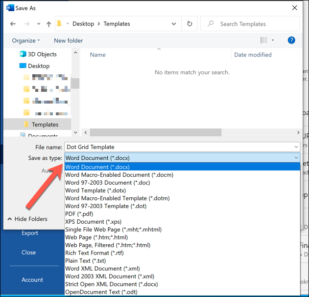 Выберите «Word Document (*.docx)» для сохранения как документа Word.