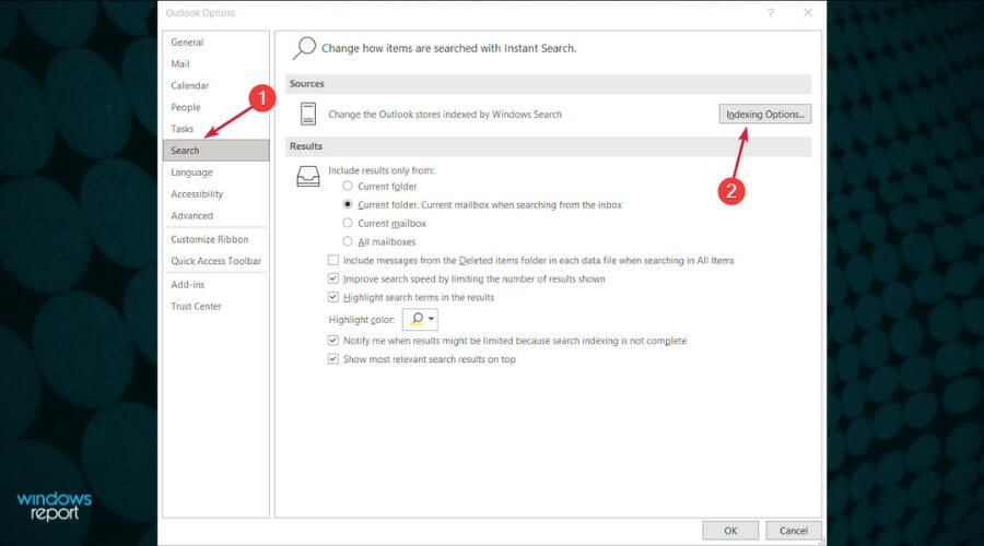 Параметры поиска — Параметры индексирования