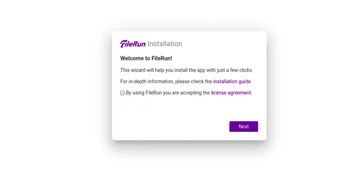Экран начальной установки FileRun