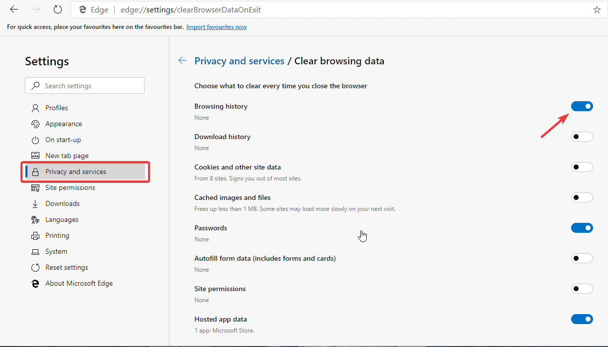 Параметры выбора данных для очистки в Edge