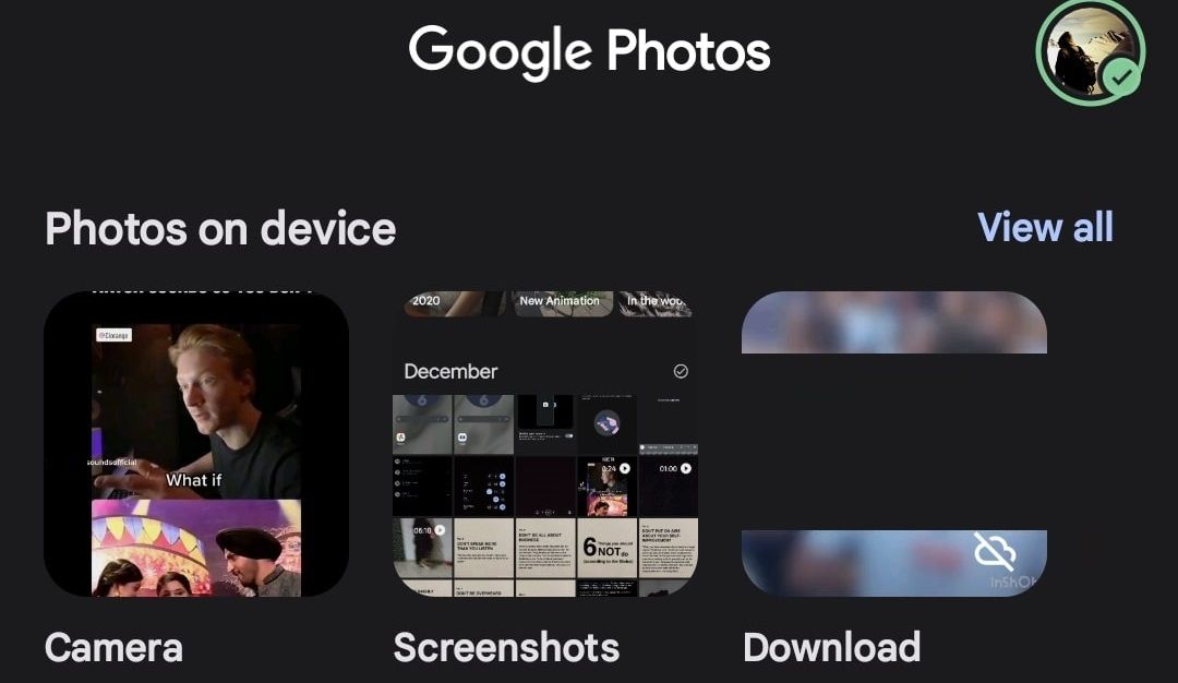 интерфейс Google Фото с верхней частью и альбомами