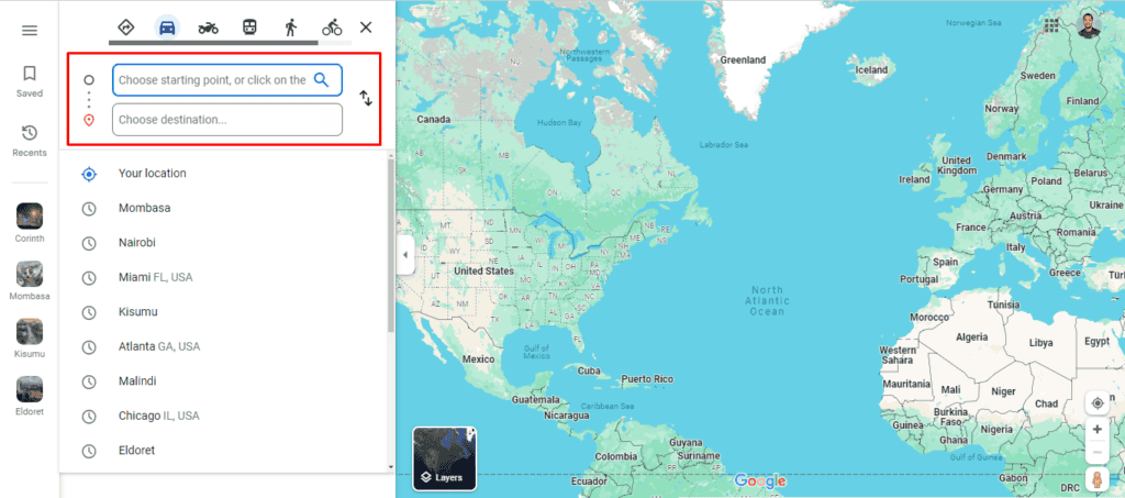 Поле для добавления начальной точки и пункта назначения