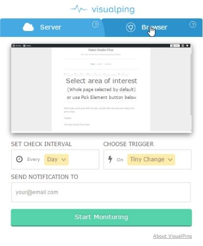 Вкладка «Браузер» в окне расширения VisualPing