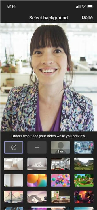 Выбор эффекта фона в Teams: экран с вариантами фоновых изображений