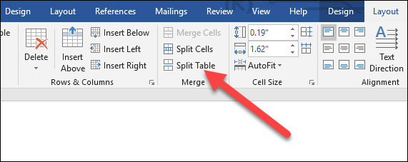 Кнопка Разделить таблицу на вкладке Макет