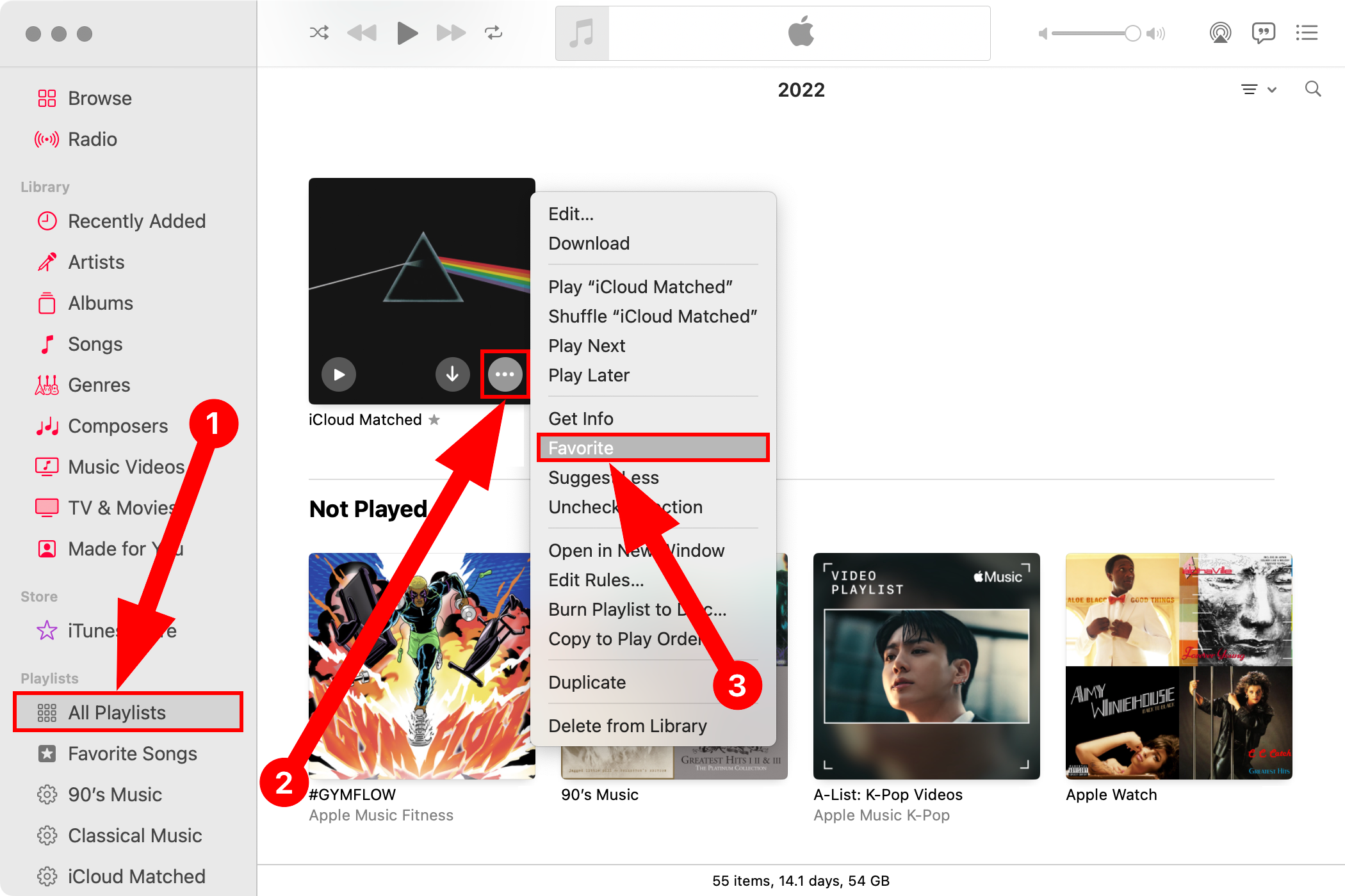 Плейлист помечается как избранный через меню многоточия в Музыке на Mac.