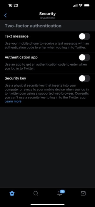 Экран Twitter — раздел Двухфакторная аутентификация в настройках