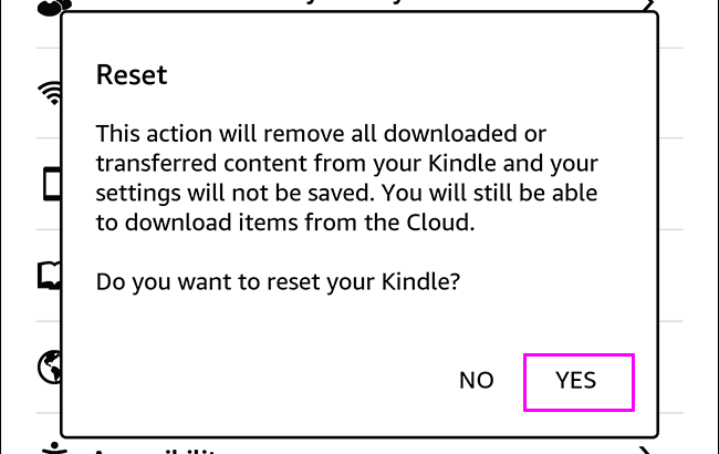 kindle reset dialog