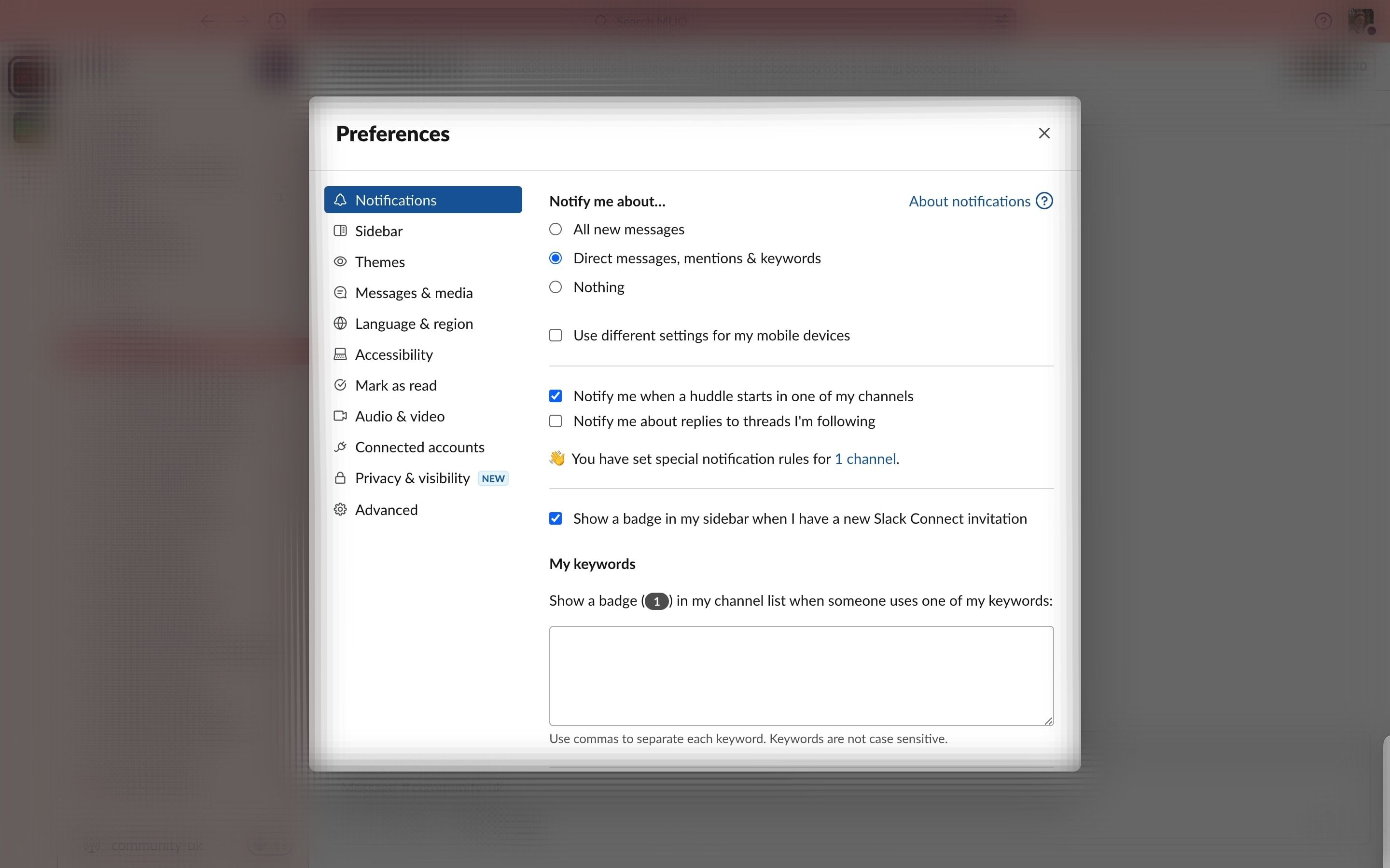 Скриншот настроек уведомлений Slack