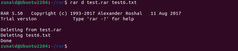 Терминал Linux, показывающий удаление файла из RAR архива