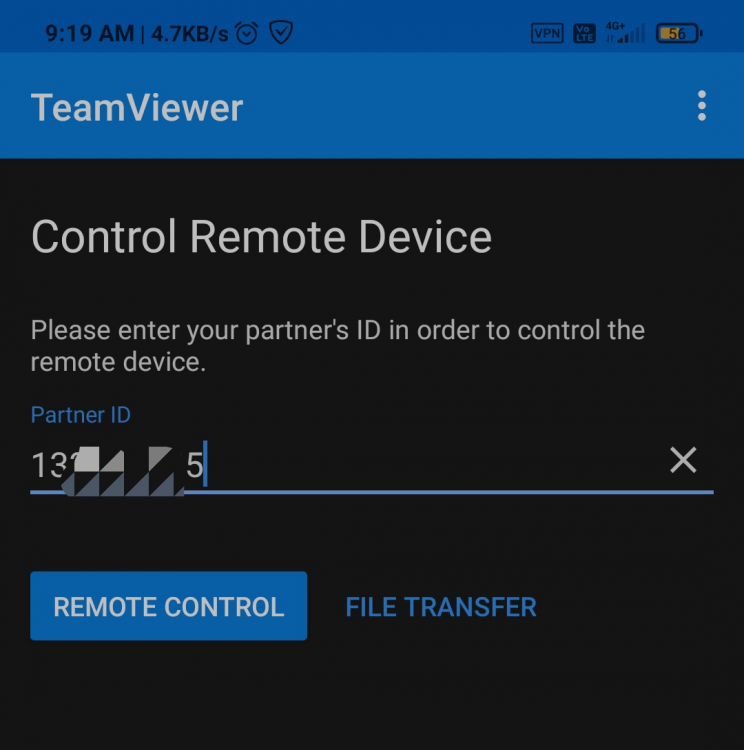 Ввод Partner ID в мобильном приложении TeamViewer
