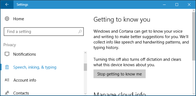 Параметры конфиденциальности: речь, рукописный ввод и ввод с клавиатуры
