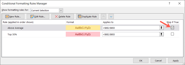 Выбор Остановить при истинности для правила