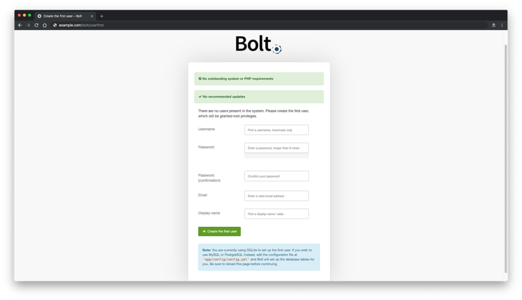 Страница создания первого администратора Bolt CMS
