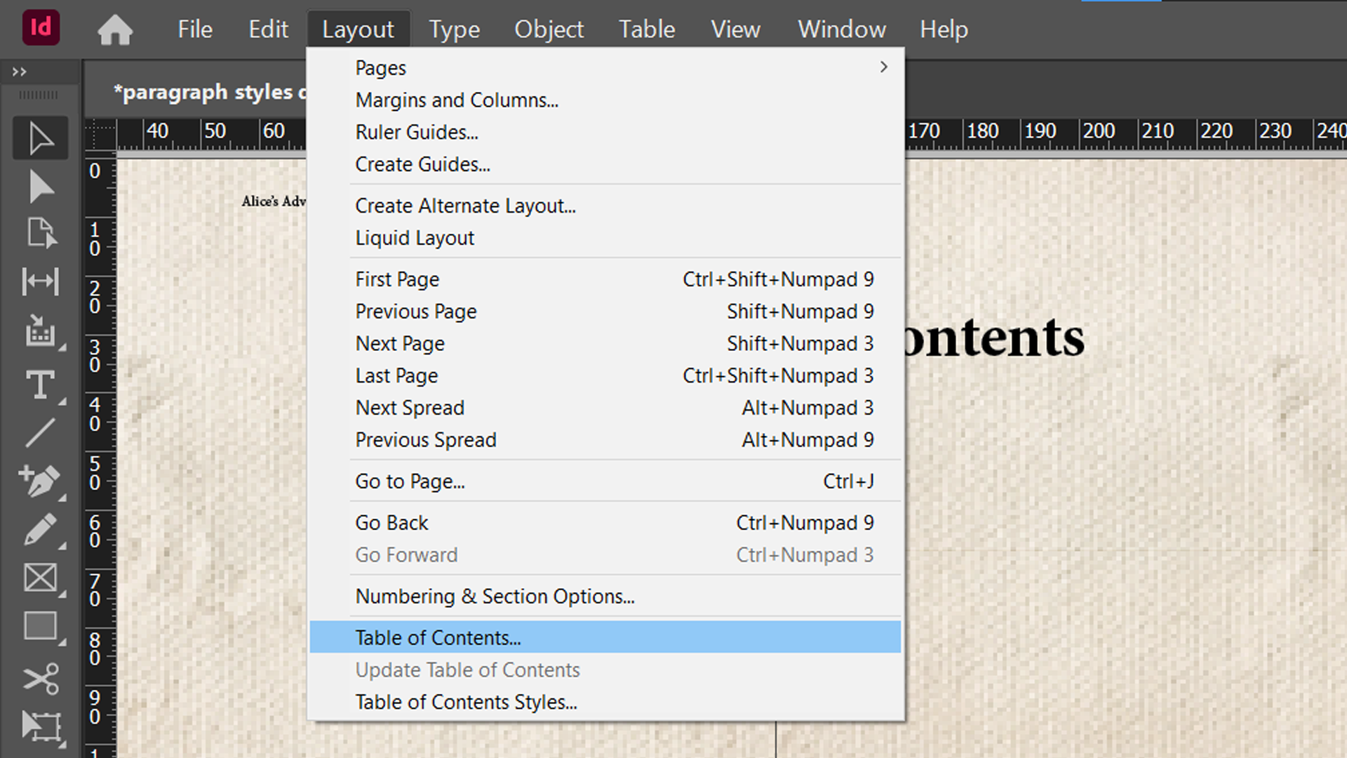 Панель Добавления оглавления в InDesign