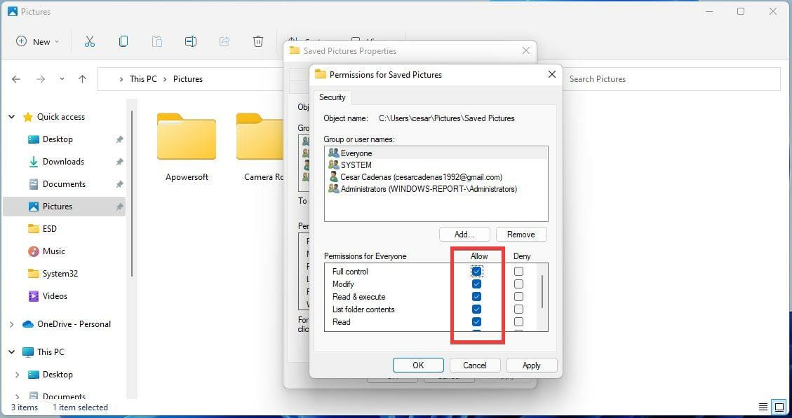 Разрешения для Everyone с отмеченными Allow