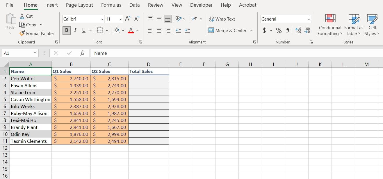 Пример данных в Excel