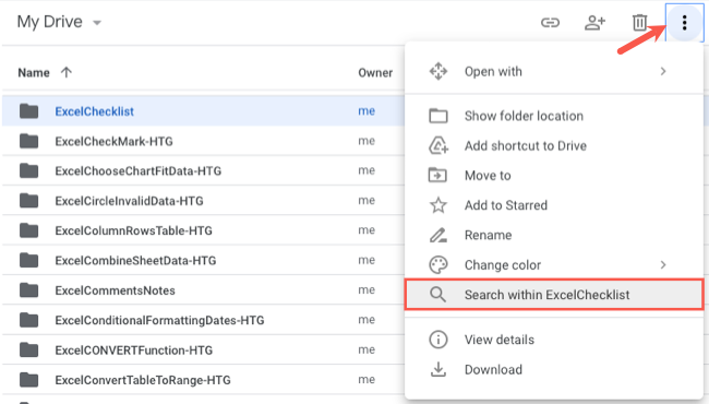 Пункт меню «Искать в папке» в меню дополнительных действий