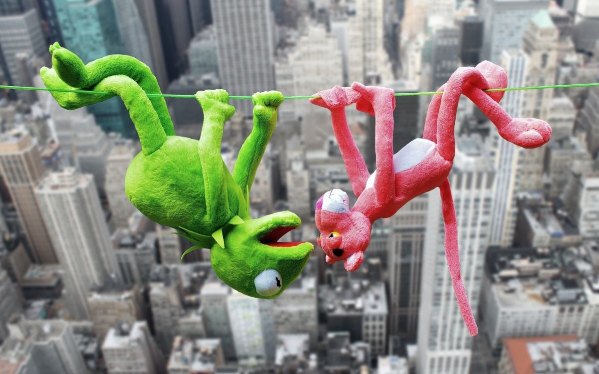 Розовая пантера и Кермит над городским пейзажем