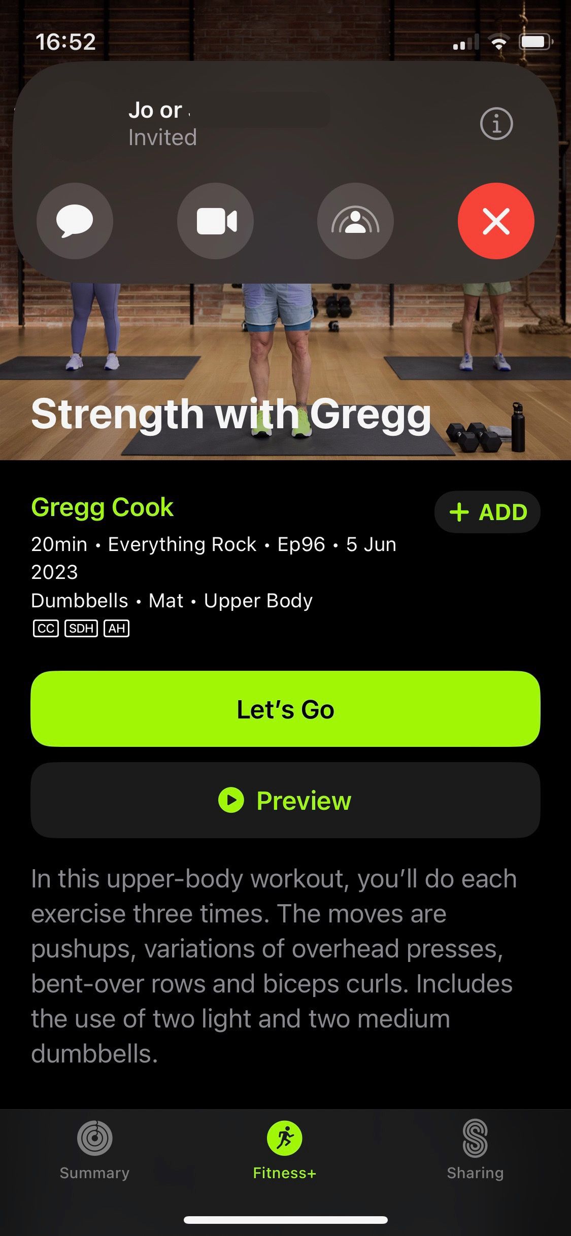 Скриншот приглашения на тренировку в Apple Fitness+