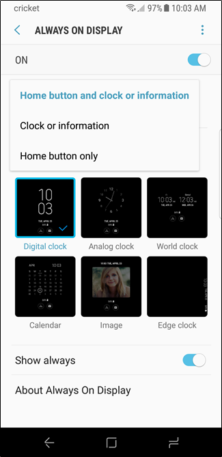 Скриншот: варианты отображения Always-On Display и стиль часов