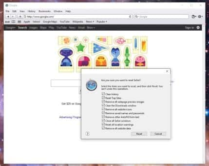 Скриншот: сброс настроек Safari в Windows