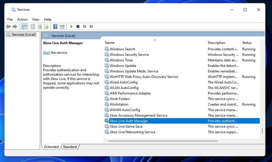 Окно Службы
