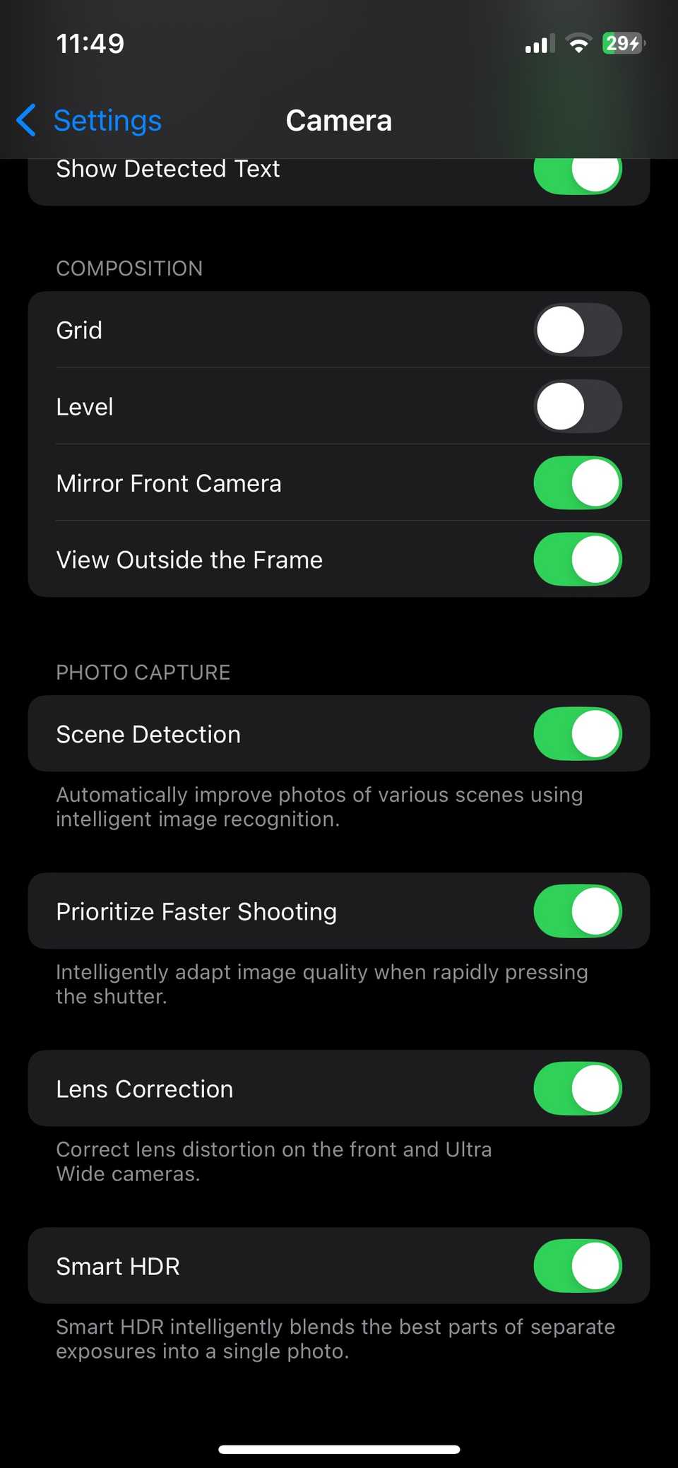 Меню настроек Камера на iPhone