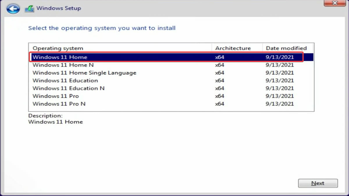 Выбор редакции Windows 11 Home в установщике