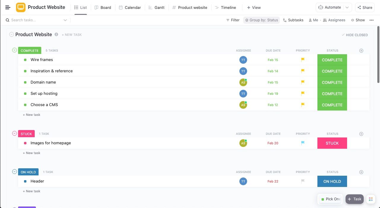 Доска управления проектом со списком шагов по созданию сайта
