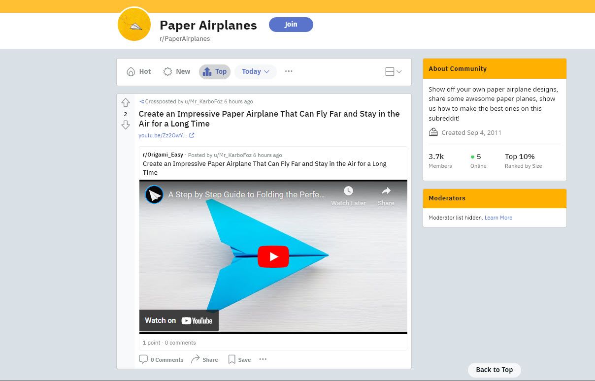 Обсуждения и фотографии пользовательских моделей бумажных самолётов в сабреддите