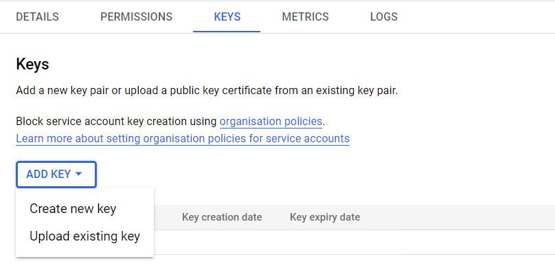 Создание нового ключа для сервисного аккаунта