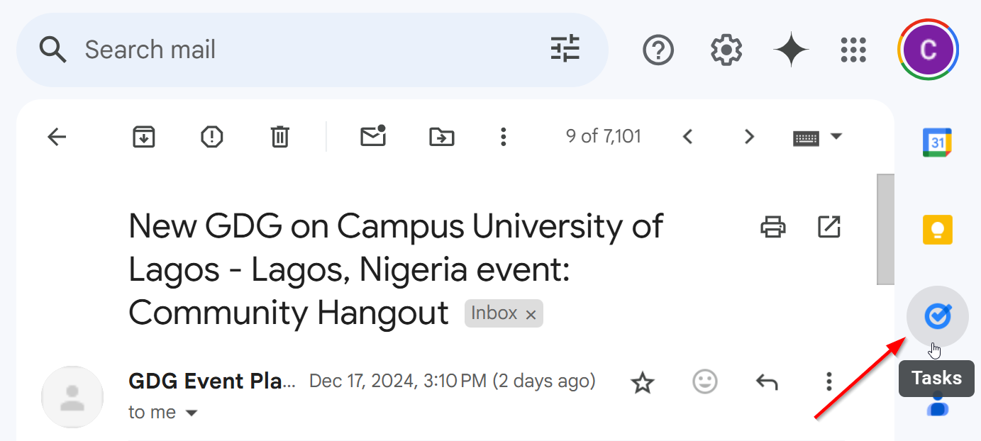 Иконка Google Tasks в боковой панели Gmail.