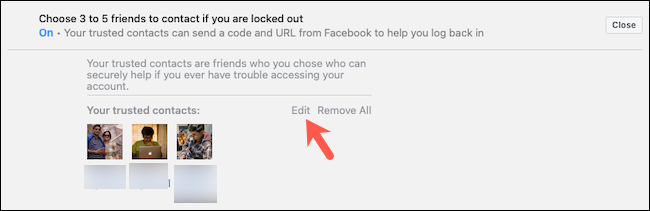 Редактирование доверенных контактов Facebook