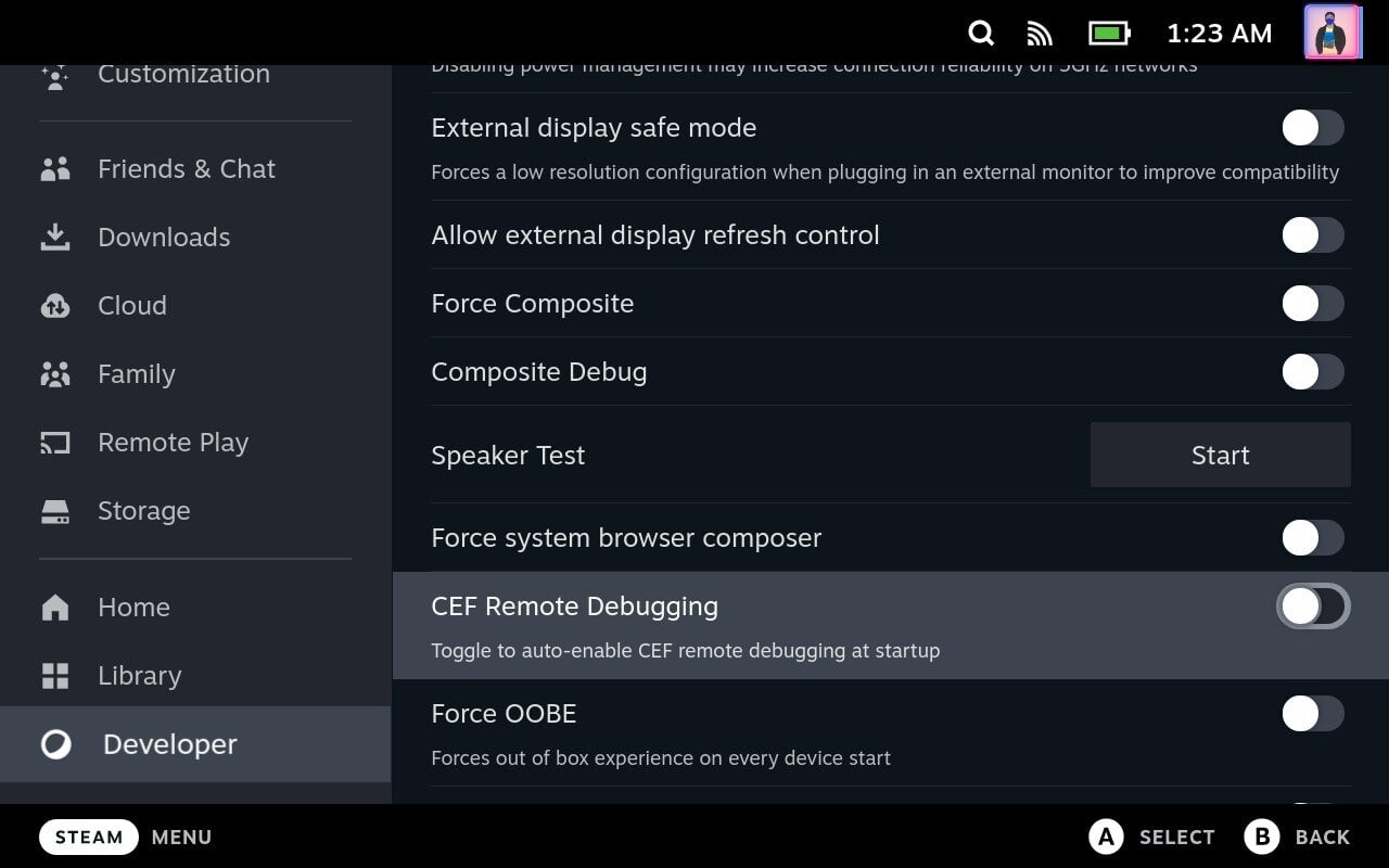 Опция CEF Remote Debugging выключена в меню разработчика