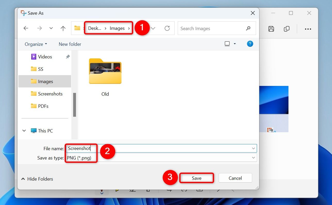 Диалоговое окно Сохранить как в Snipping Tool