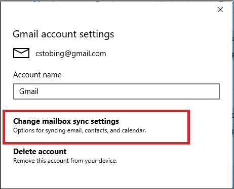 Пункт изменения параметров синхронизации почты и календаря