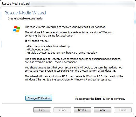 Выбор версии Windows PE в Macrium Reflect