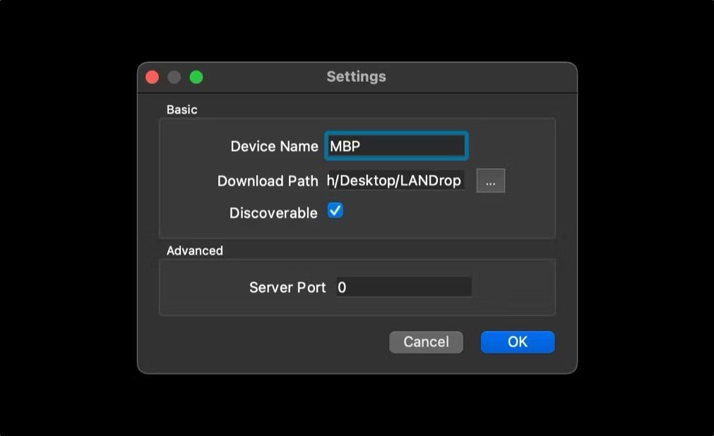Смена папки загрузок в настройках LANDrop на Mac