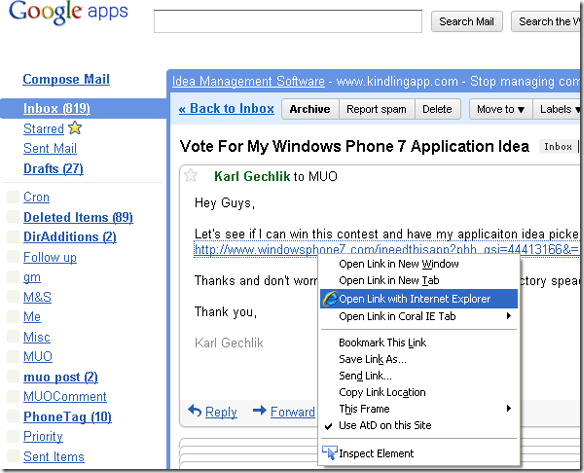 контекстное меню Firefox с пунктами для запуска ссылки в других браузерах