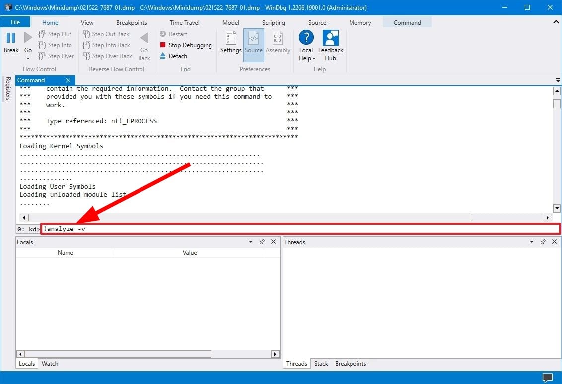 Команда !analyze -v в WinDbg для подробного анализа дампа