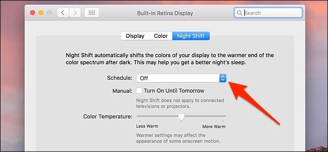 Меню выбора расписания Night Shift