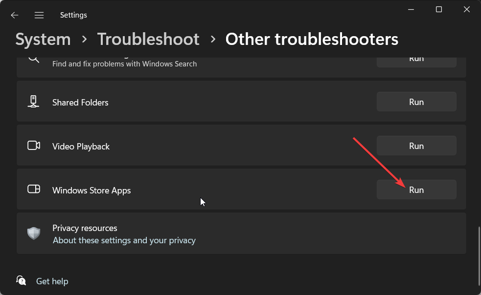Windows 스토어 문제 해결사 실행 버튼