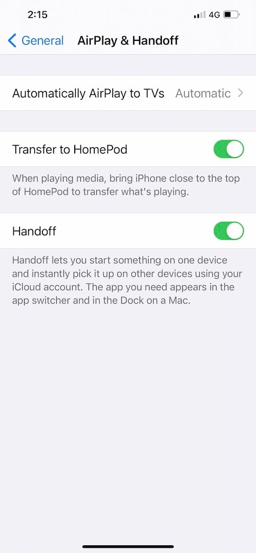 Включение AirPlay и Handoff в настройках iPhone