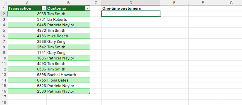 Таблица Excel с ID транзакций в столбце A и именами клиентов в столбце B.